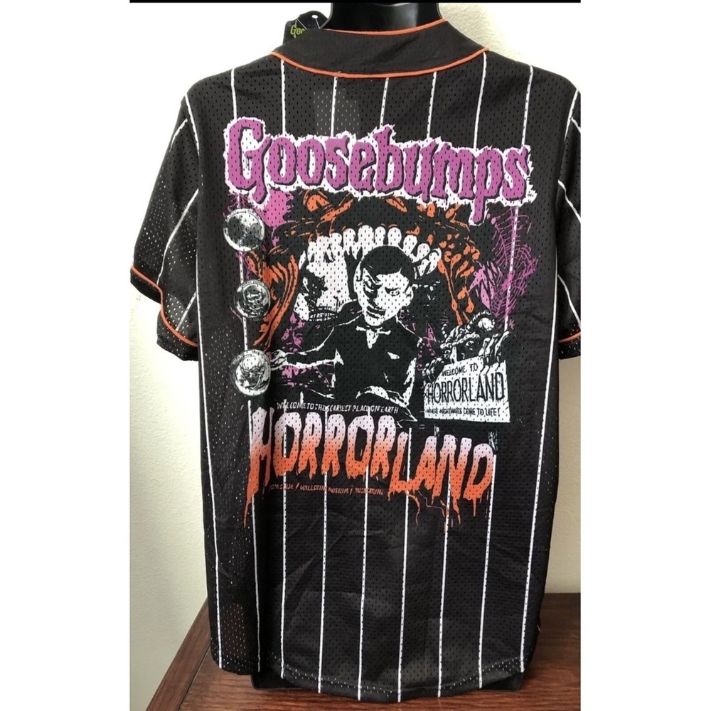 NWT GOOSEBUMPS HORRORLAND BASEBALL JERSEY RL STINE PINK SCHOLASTIC ADULT SIZE M‎
